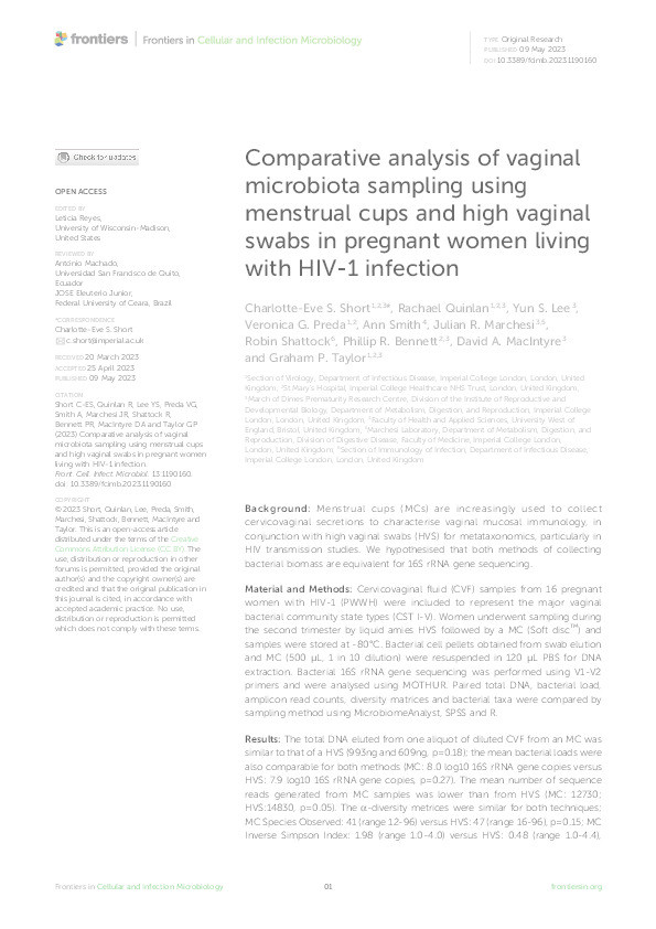 Comparative analysis of vaginal microbiota sampling using menstrual cups and high vaginal swabs in pregnant women living with HIV-1 infection Thumbnail