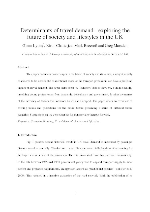 Determinants of travel demand-Exploring the future of society and lifestyles in the UK Thumbnail