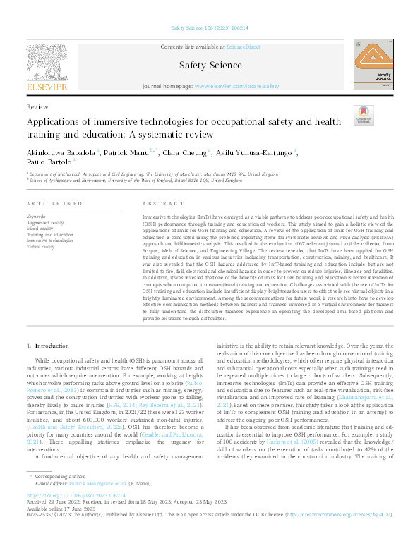 Applications of immersive technologies for occupational safety and health training and education: A systematic review Thumbnail