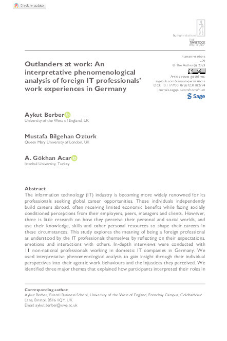 Outlanders at work: An interpretative phenomenological analysis of foreign IT professionals’ work experiences in Germany Thumbnail