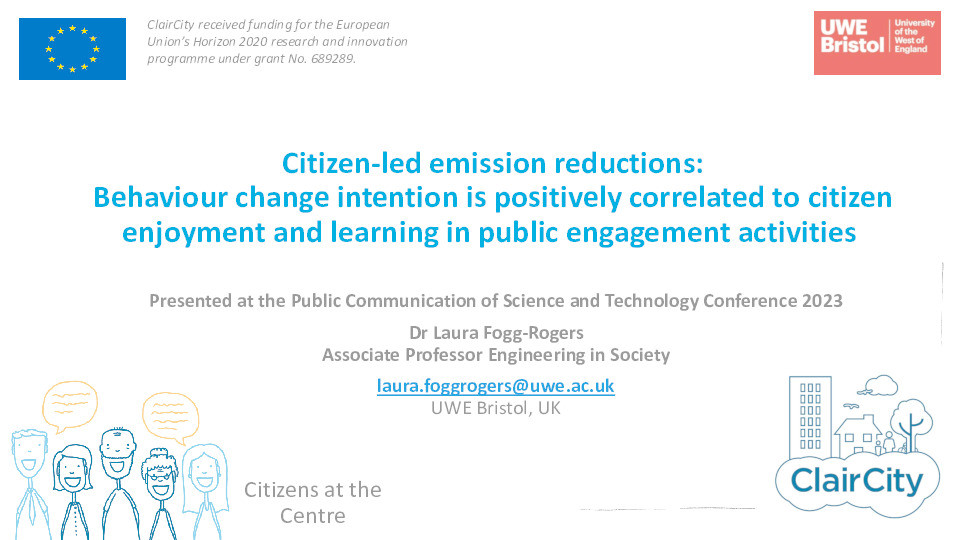 Citizen-led emission reductions: Behaviour change intention is positively correlated to citizen enjoyment and learning in public engagement activities Thumbnail