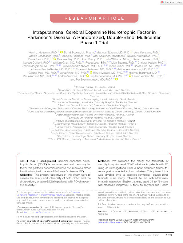 Intraputamenal cerebral dopamine neurotrophic factor in Parkinson's disease: A randomized, double‐blind, multicenter phase 1 trial Thumbnail