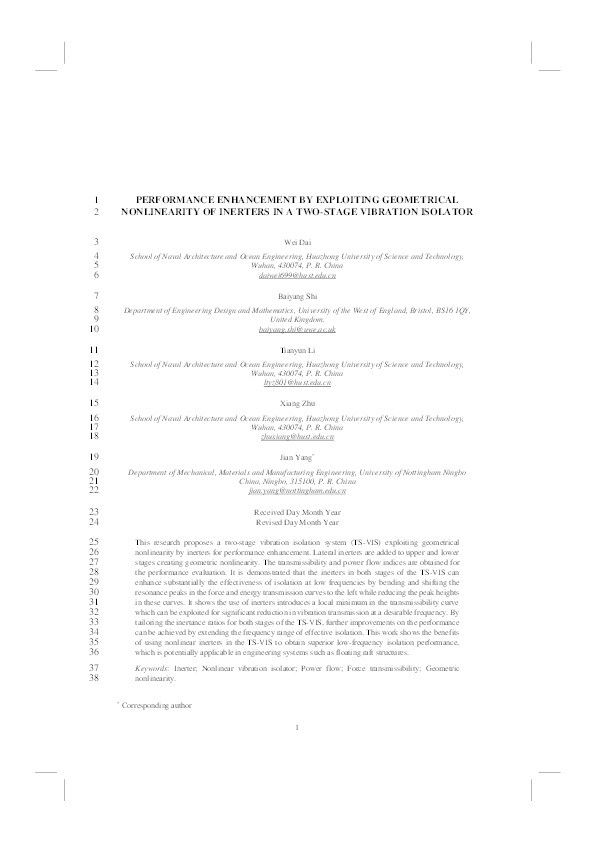 Performance enhancement by exploiting geometrical nonlinearity of inerters in a two-stage vibration isolator Thumbnail