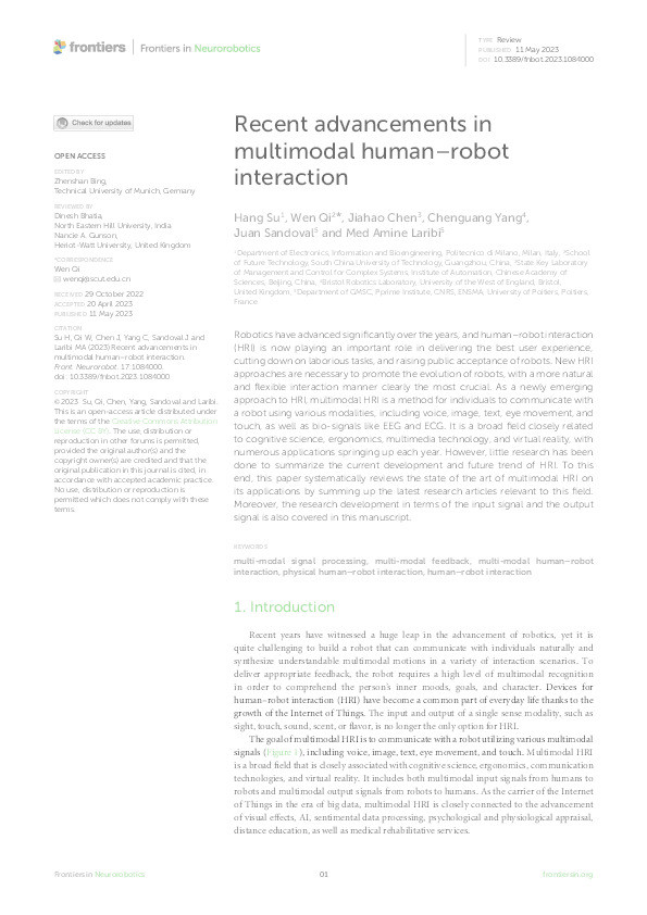 Recent advancements in multimodal human–robot interaction Thumbnail