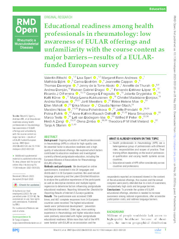 Educational readiness among health professionals in rheumatology: Low awareness of EULAR offerings and unfamiliarity with the course content as major barriers—results of a EULAR-funded European survey Thumbnail
