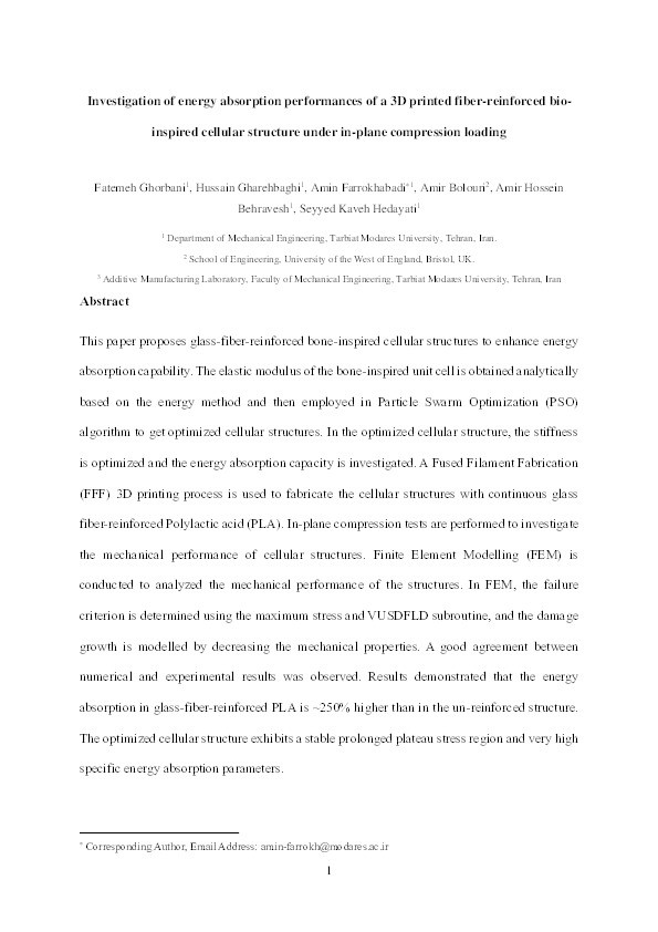 Investigation of energy absorption performances of a 3D printed fiber-reinforced bio-inspired cellular structure under in-plane compression loading Thumbnail