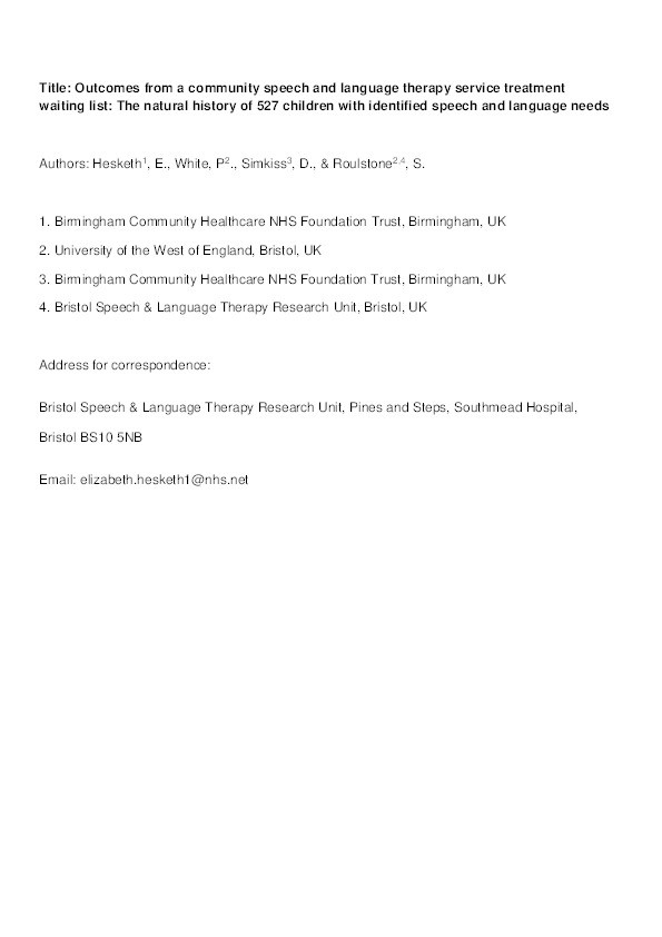 Outcomes from a community speech and language therapy service treatment waiting list: The natural history of 525 children with identified speech and language needs Thumbnail