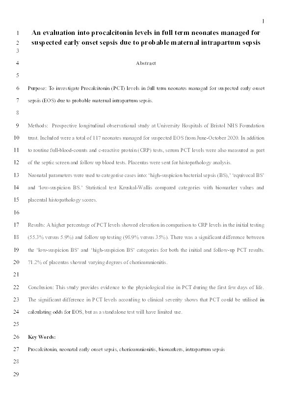 An evaluation into procalcitonin levels in full-term neonates managed for suspected early onset sepsis due to probable maternal intrapartum sepsis Thumbnail