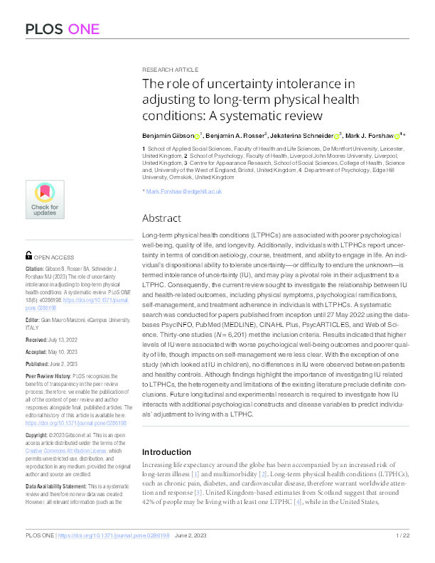 The role of uncertainty intolerance in adjusting to long-term physical health conditions: A systematic review Thumbnail