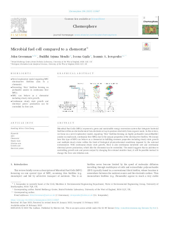 Microbial fuel cell compared to a chemostat Thumbnail