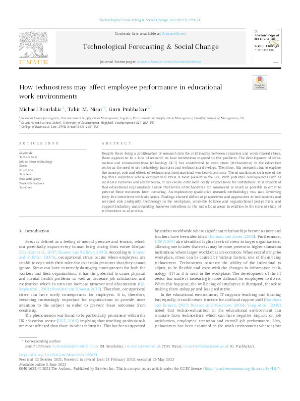 How technostress may affect employee performance in educational work environments Thumbnail