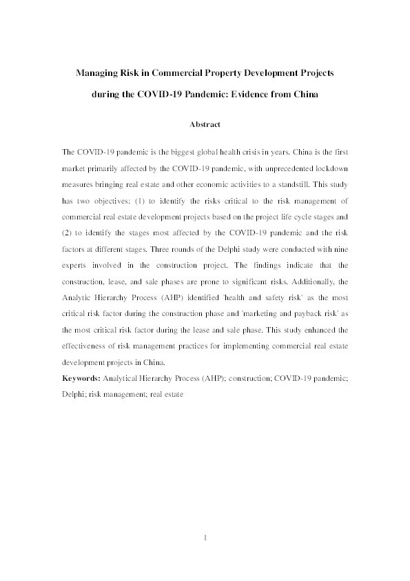 Managing risk in commercial property development projects during the COVID-19 pandemic: Evidence from China Thumbnail
