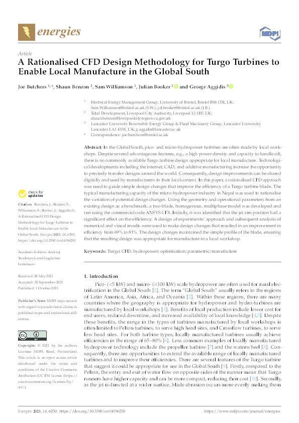 A rationalised CFD design methodology for Turgo turbines to enable local manufacture in the Global South Thumbnail