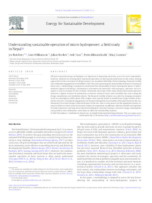 Understanding sustainable operation of micro-hydropower: A field study in Nepal Thumbnail