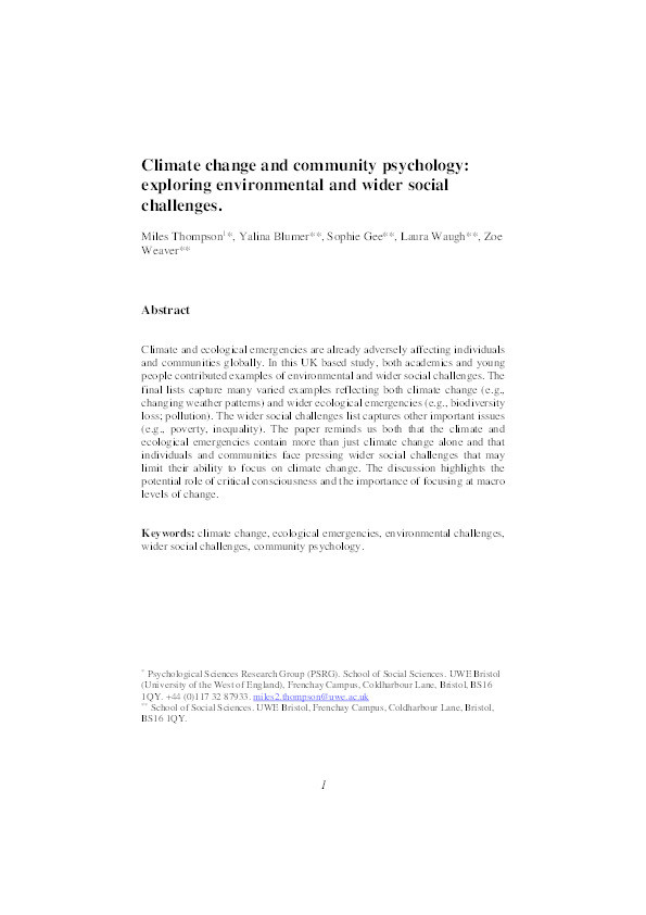 Climate change and community psychology: Exploring environmental and wider social challenges Thumbnail