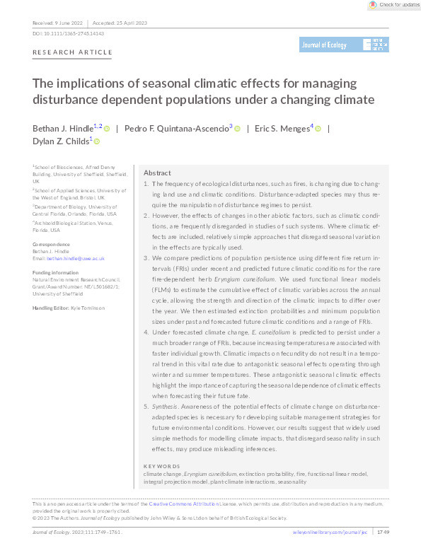 The implications of seasonal climatic effects for managing disturbance dependent populations under a changing climate Thumbnail