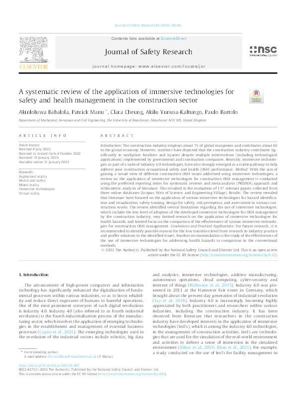 A systematic review of the application of immersive technologies for safety and health management in the construction sector Thumbnail