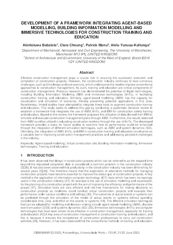 Development of a framework integrating agent-based modelling, building information modelling and immersive technologies for construction training and education Thumbnail