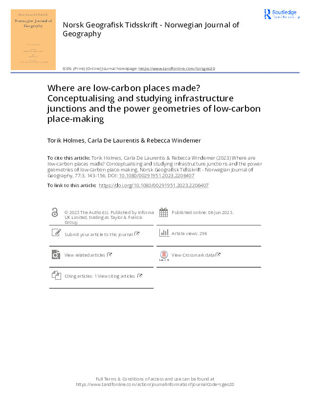 Where are low-carbon places made? Conceptualising and studying infrastructure junctions and the power geometries of low-carbon place-making Thumbnail