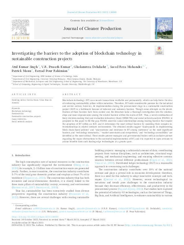 Investigating the barriers to the adoption of blockchain technology in sustainable construction projects Thumbnail