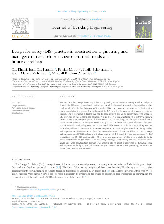 Design for safety (DfS) practice in construction engineering and management research: A review of current trends and future directions Thumbnail