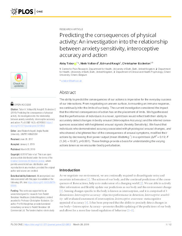 Predicting the consequences of physical activity: An investigation into the relationship between anxiety sensitivity, interoceptive accuracy and action Thumbnail