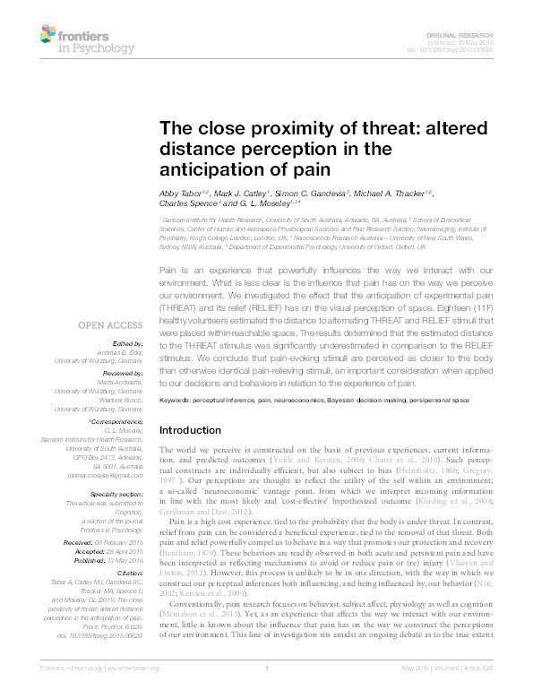 The close proximity of threat: Altered distance perception in the anticipation of pain Thumbnail