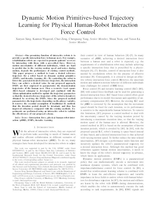 Dynamic motion primitives-based trajectory learning for physical human-robot interaction force control Thumbnail