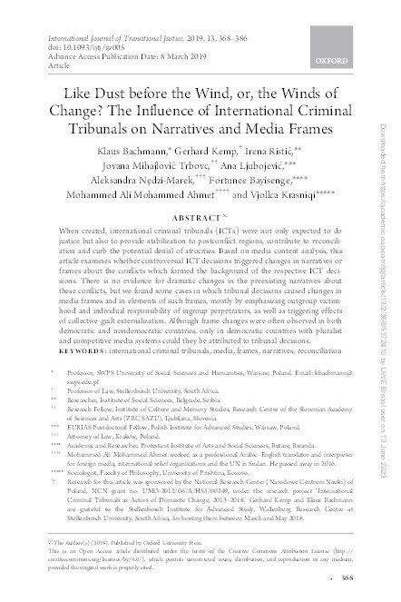 Like dust before the wind, or, the winds of change? The influence of international criminal tribunals on narratives and media frames Thumbnail