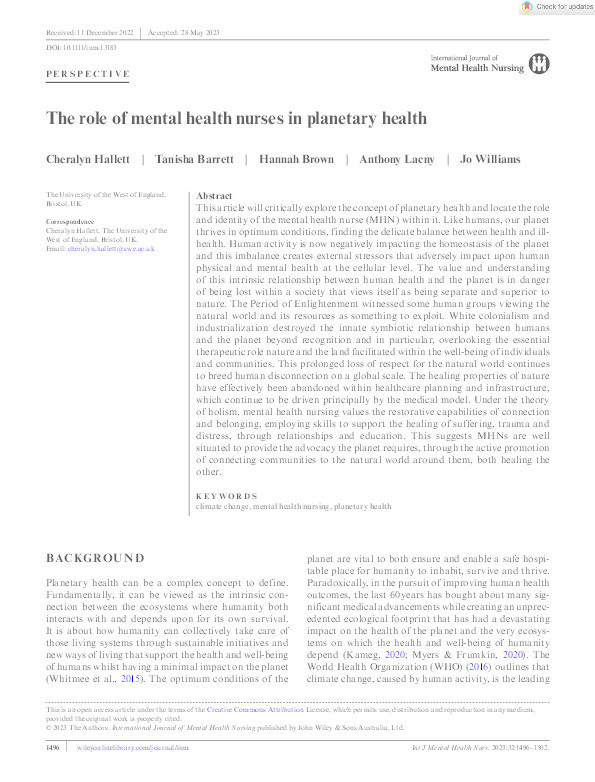 The role of mental health nurses in planetary health Thumbnail