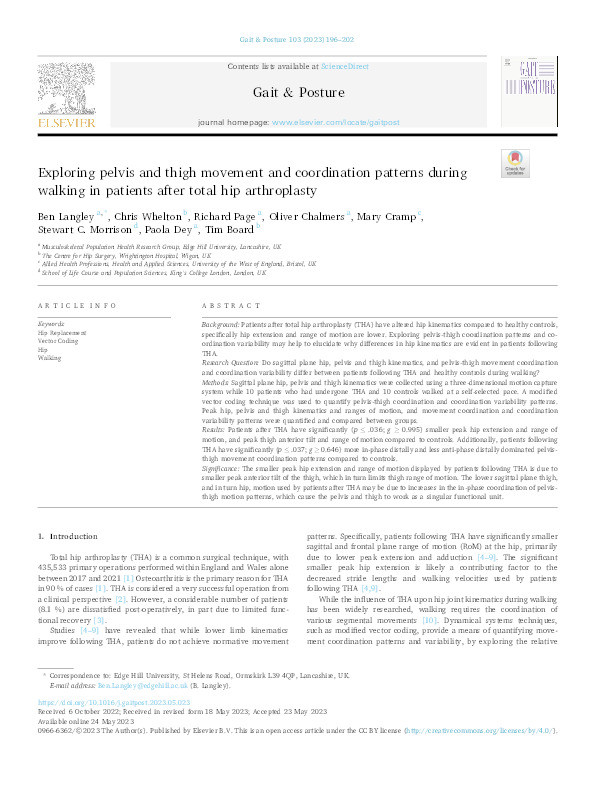 Exploring pelvis and thigh movement and coordination patterns during walking in patients after total hip arthroplasty Thumbnail