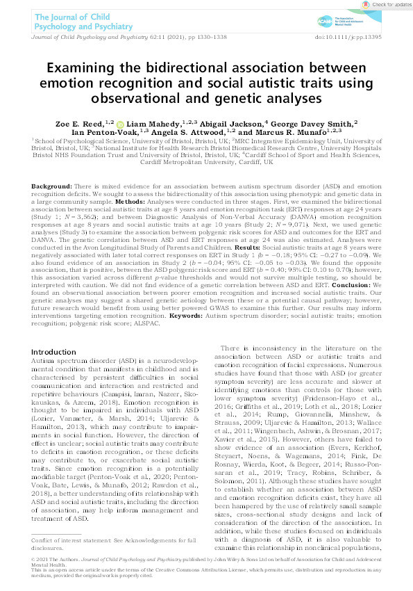 Examining the bidirectional association between emotion recognition and social autistic traits using observational and genetic analyses Thumbnail