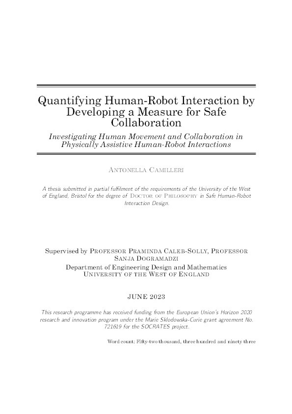 Quantifying human-robot interaction by developing a measure for safe collaboration Thumbnail