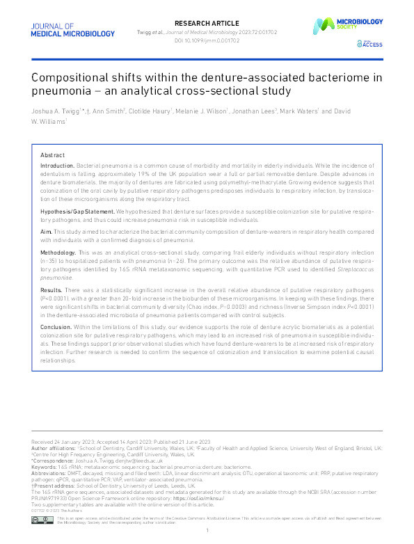Compositional shifts within the denture-associated bacteriome in pneumonia - an analytical cross-sectional study Thumbnail