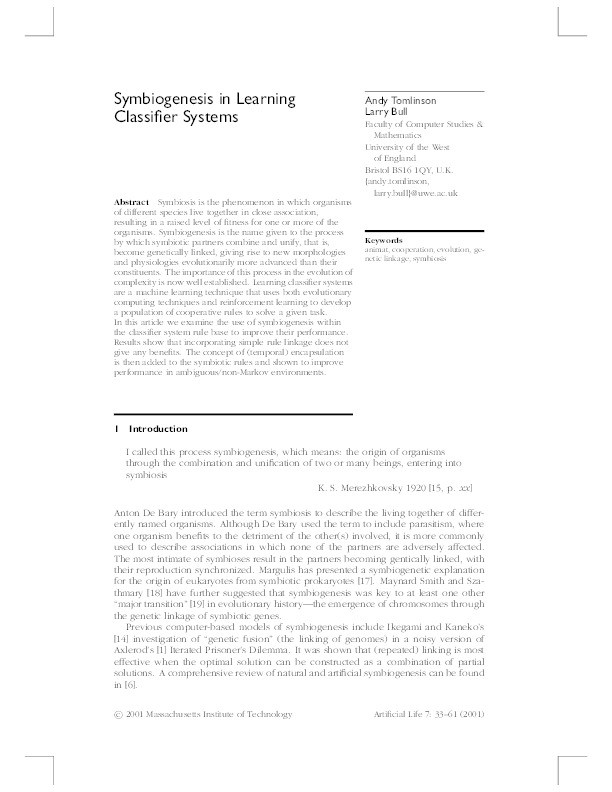 Symbiogenesis in learning classifier systems Thumbnail