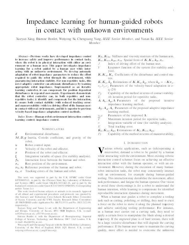 Impedance learning for human-guided robots in contact with unknown environments Thumbnail