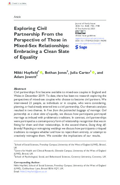 Exploring civil partnership from the perspective of those in mixed-sex relationships: Embracing a clean slate of equality Thumbnail