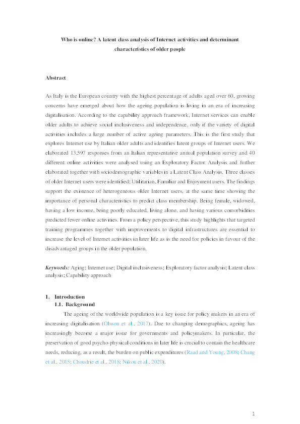 Who is online? A latent class analysis of internet activities and determinant characteristics of older people Thumbnail