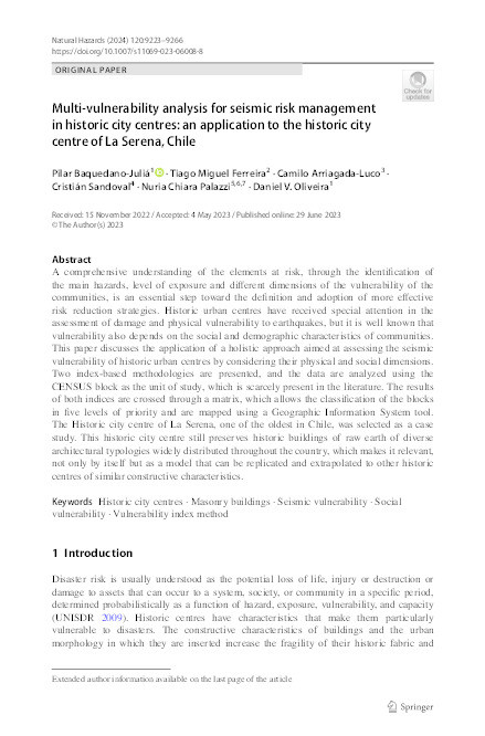 Multi-vulnerability analysis for seismic risk management in historic city centres: an application to the historic city centre of La Serena, Chile Thumbnail