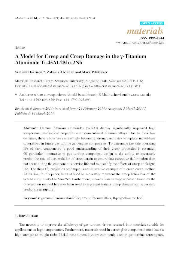 A model for creep and creep damage in the γ-titanium aluminide Ti-45Al-2Mn-2Nb Thumbnail