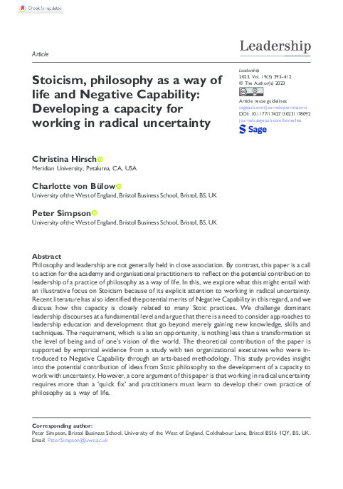 Stoicism, philosophy as a way of life, and Negative Capability. Developing a capacity for working in radical uncertainty Thumbnail