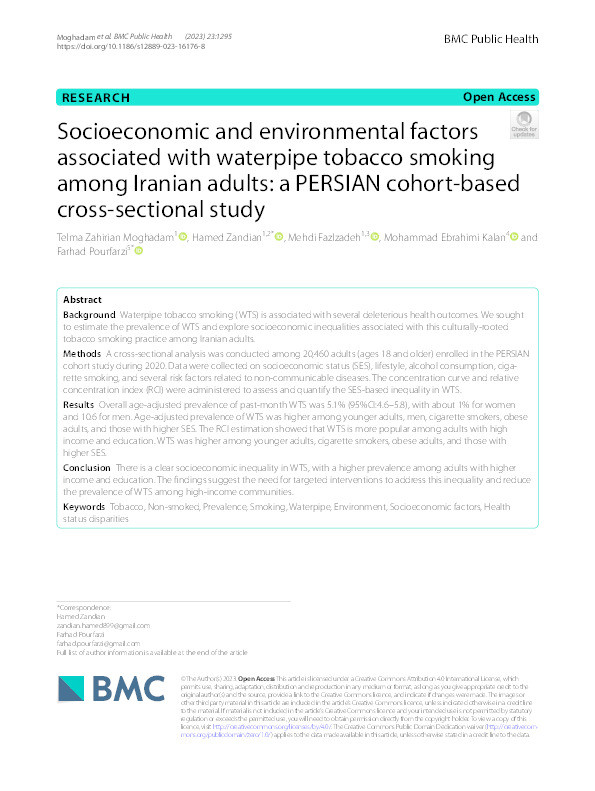 Socioeconomic and environmental factors associated with waterpipe tobacco smoking among Iranian adults: A PERSIAN cohort-based cross-sectional study Thumbnail