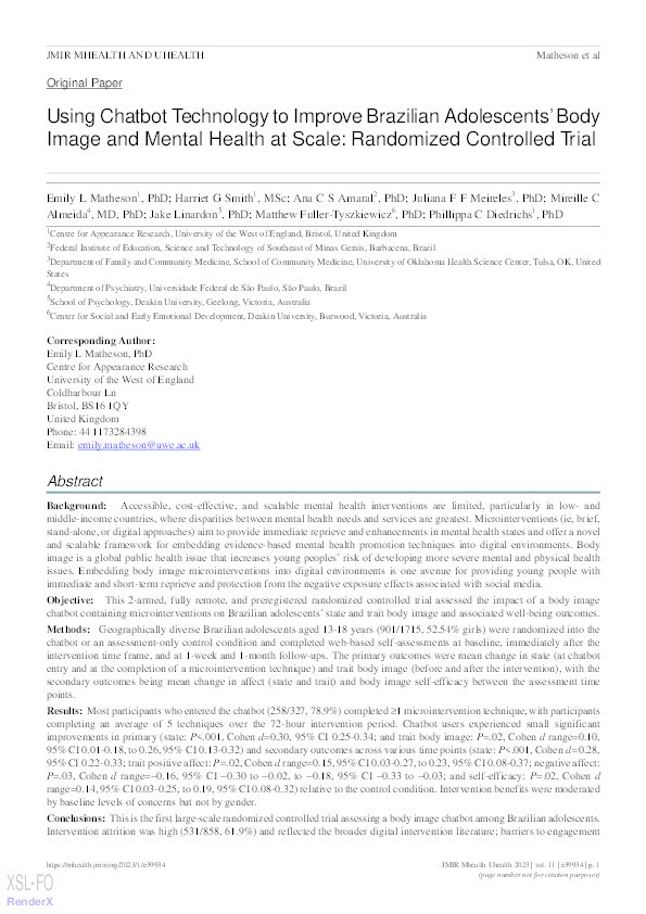 Using chatbot technology to improve Brazilian adolescents' body image and mental health at scale: Randomized controlled trial Thumbnail