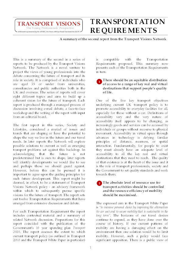 Transport visions network - Report 2 - Transportation requirements Thumbnail