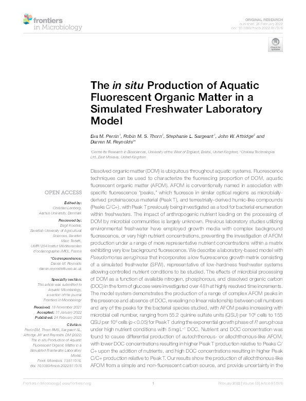 The in situ production of aquatic fluorescent organic matter in a simulated freshwater laboratory model Thumbnail