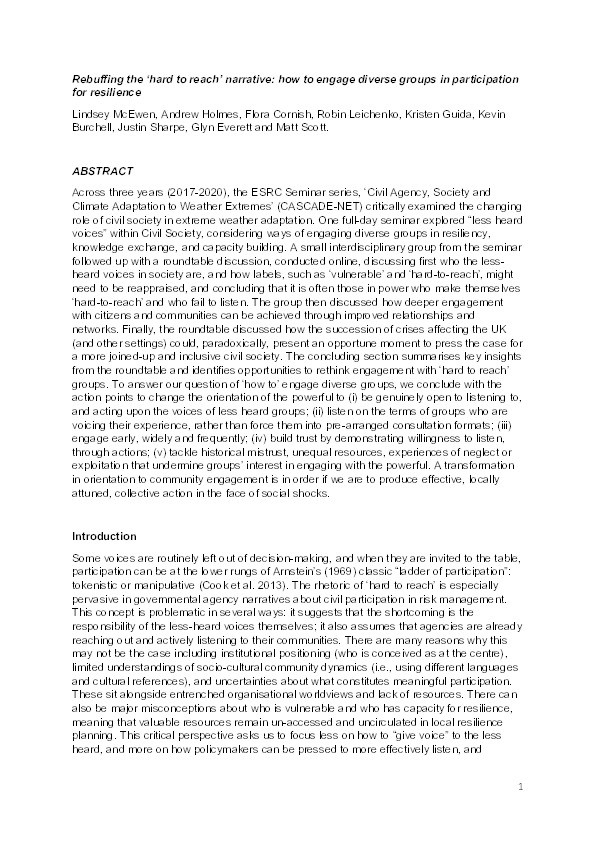 Rebuffing the ‘hard to reach’ narrative: How to engage diverse groups in participation for resilience Thumbnail