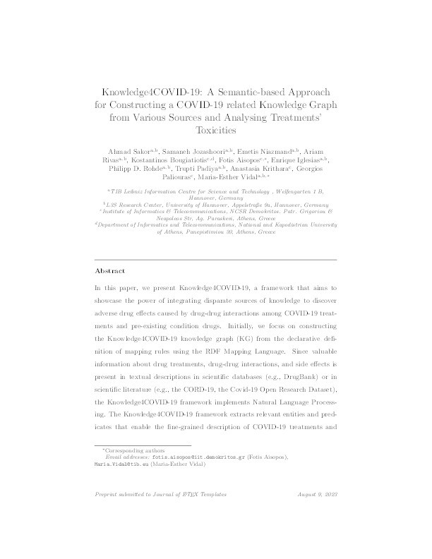 Knowledge4COVID-19: A semantic-based approach for constructing a COVID-19 related knowledge graph from various sources and analyzing treatments’ toxicities Thumbnail