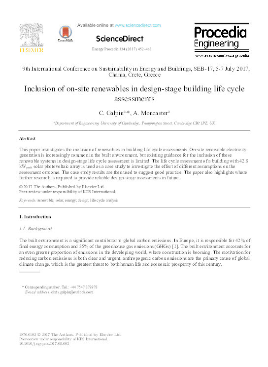 Inclusion of on-site renewables in design-stage building life cycle assessments Thumbnail