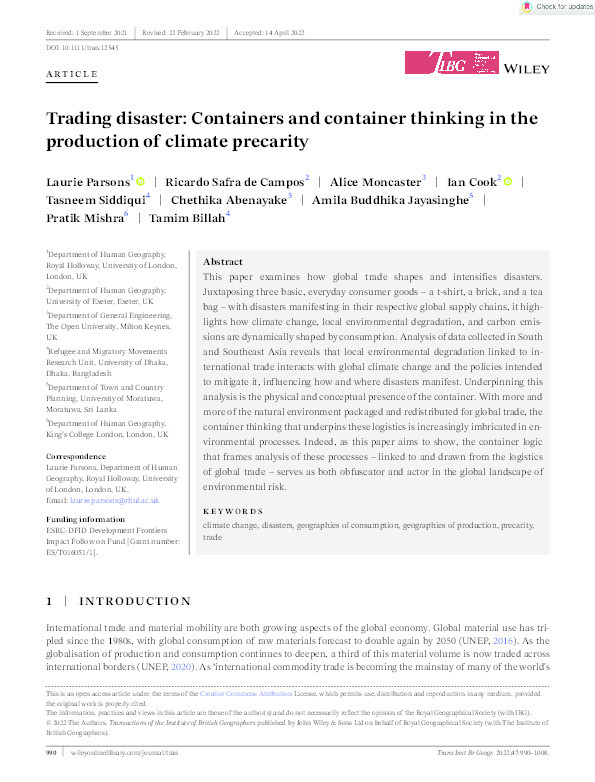 Trading disaster: Containers and container thinking in the production of climate precarity Thumbnail
