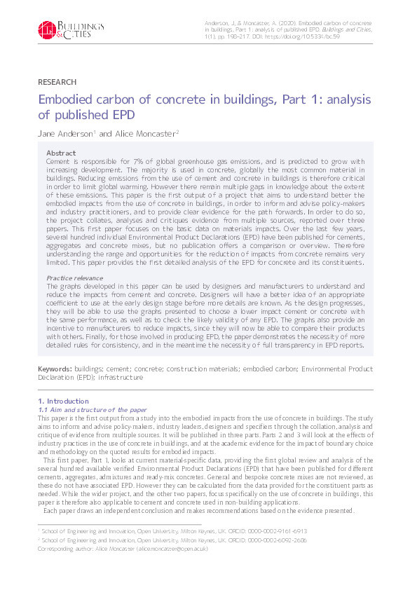 Embodied carbon of concrete in buildings, Part 1: Analysis of published EPD Thumbnail